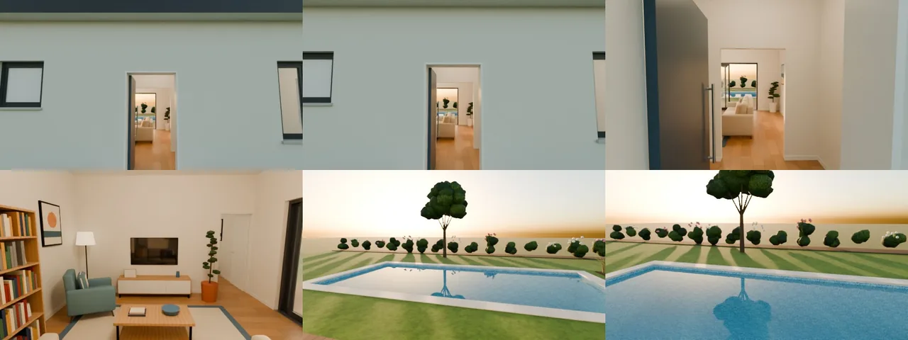Six frames of the walk-through (frames 1, 60, 120, 300, 450 and 600), rendered by the agent to check it: from the street end of the front path, through the open front door and the hall, a pause facing the TV wall, then across the lawn to the edge of the pool. With the sun low beyond the pool, the street side is in shade and the lawn is striped with long shadows.