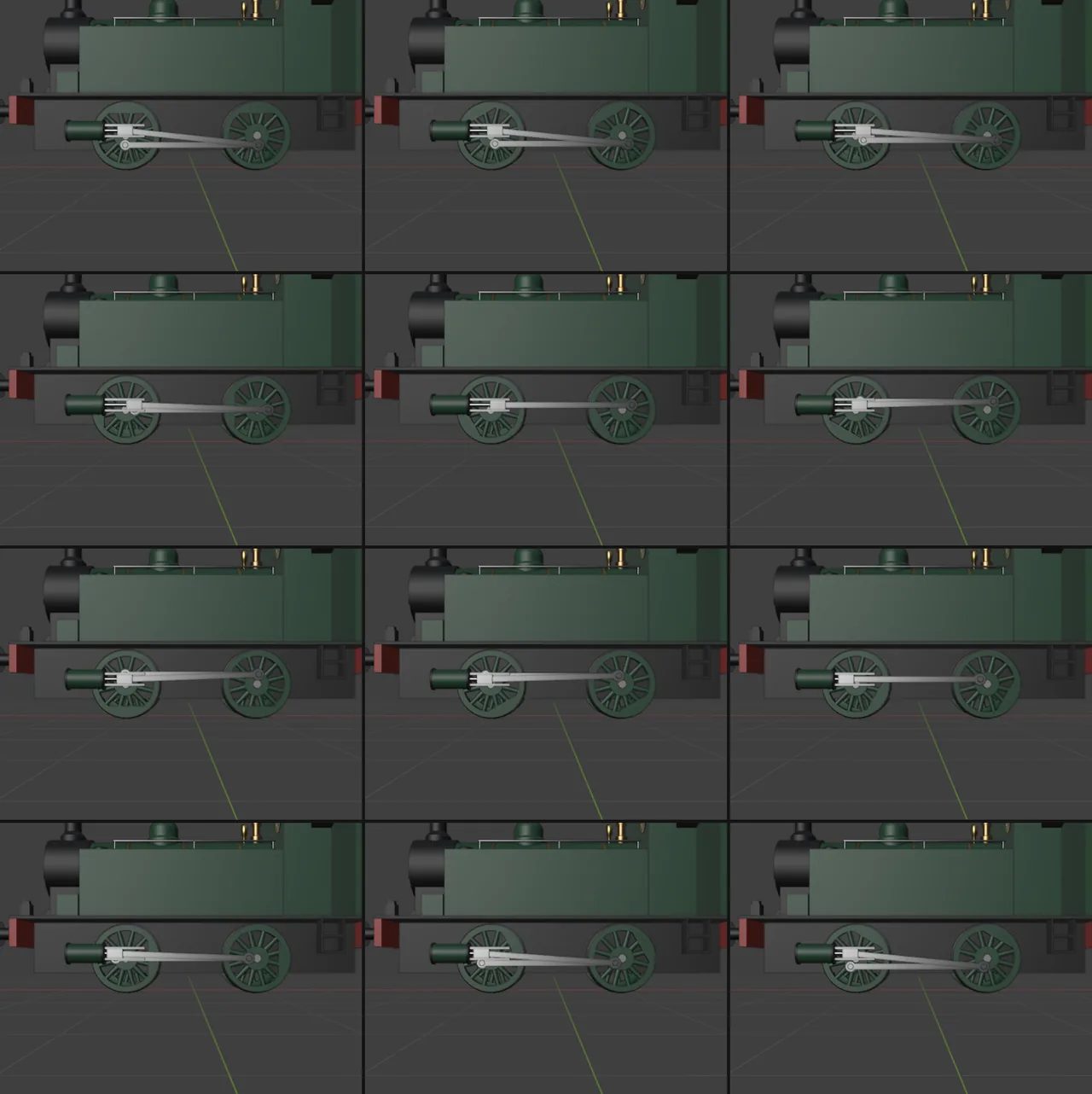 Twelve frames from one wheel turn (frames 1 to 67 of the 72 that make 3 s at 24 fps): the coupling rod stays level while the connecting rod and crosshead follow the crank.