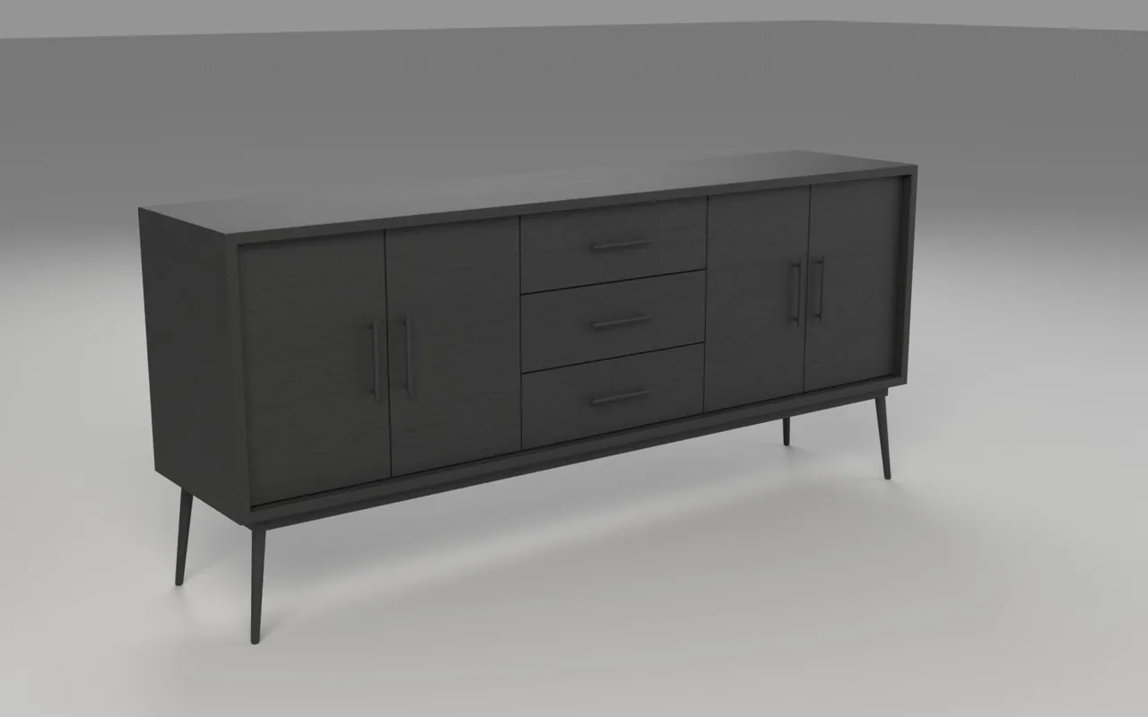 Test render of the Black collection: a black-stained timber body on the matte black frame. The brief names only the frame for black, so the agent flags this reading in its hand-over.
