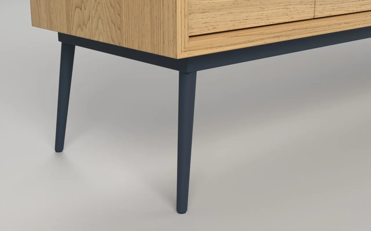 Close-up of a steel-blue leg where it meets the frame.