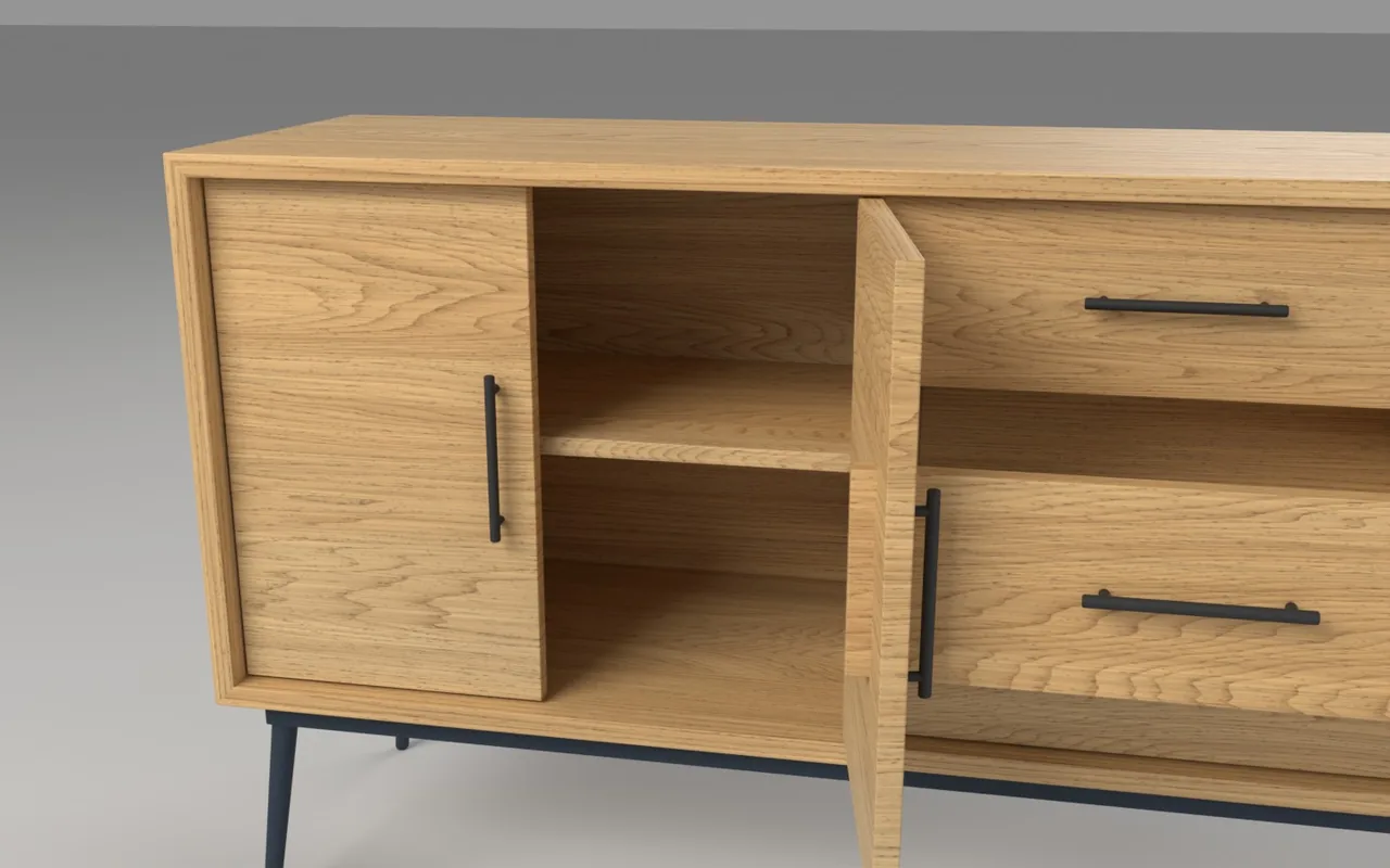 The delivered file, rendered with one door swung open and the middle drawer pulled out, using the hinge and slide-direction data the agent stored on each door and drawer. Inside is a shelf; below, the steel-blue frame.