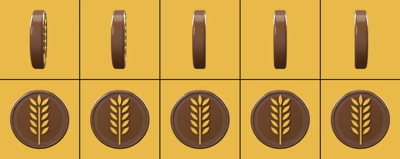 Two rows of five small frames: the badge edge-on above, face-on below