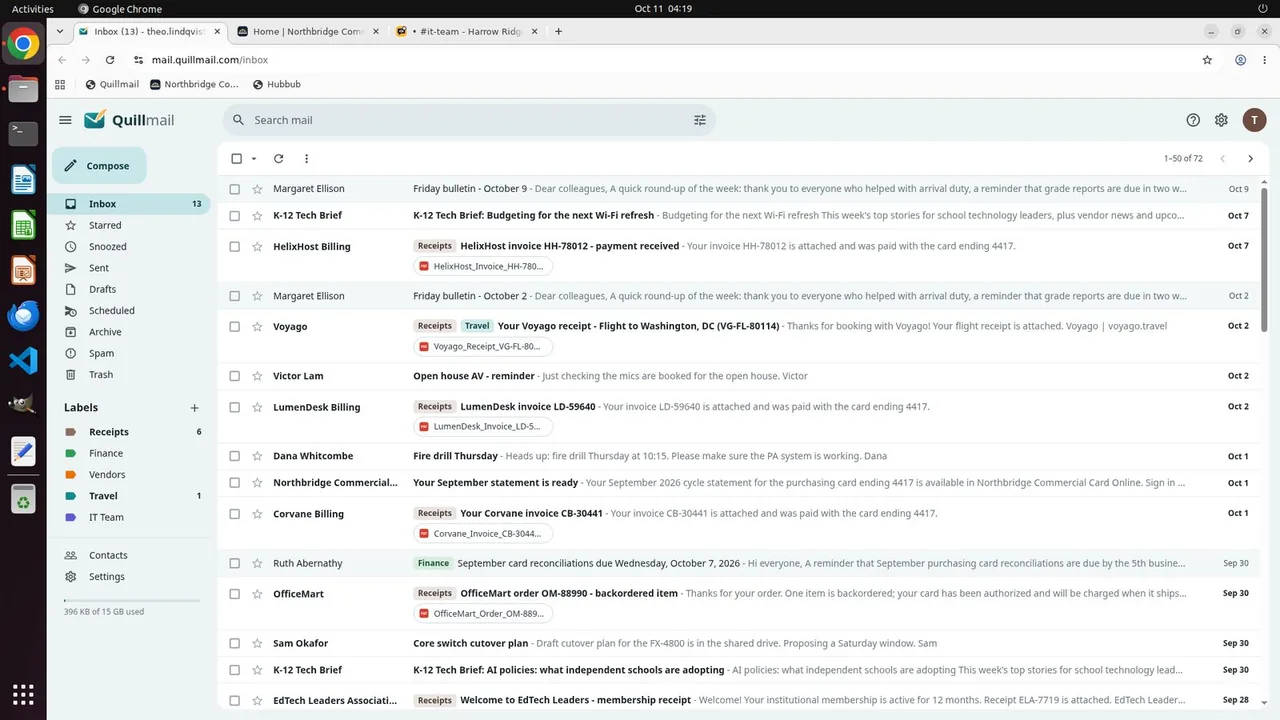 Theo's Quillmail inbox in Chrome; the Northbridge card portal and the #it-team channel on Hubbub are in the other tabs.