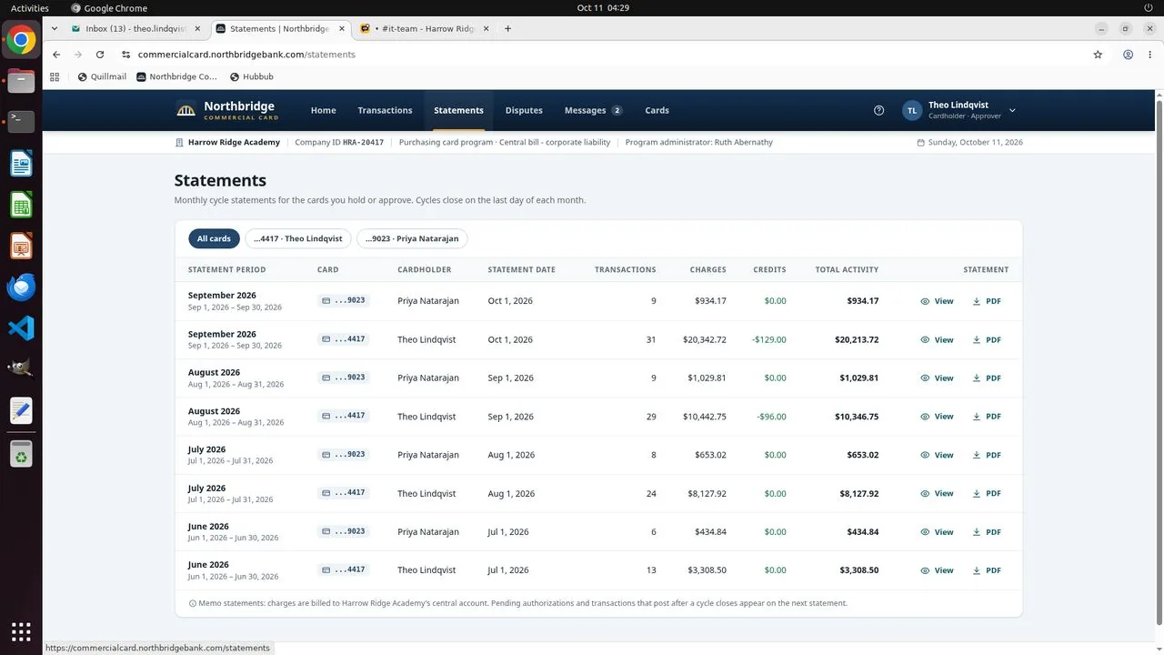 The agent opened the Northbridge card portal's Statements page. It lists the September cycle statement for card 4417 (31 transactions, net $20,213.72) alongside the June to August statements and the statements for card 9023, which belongs to Priya Natarajan, a help-desk colleague.