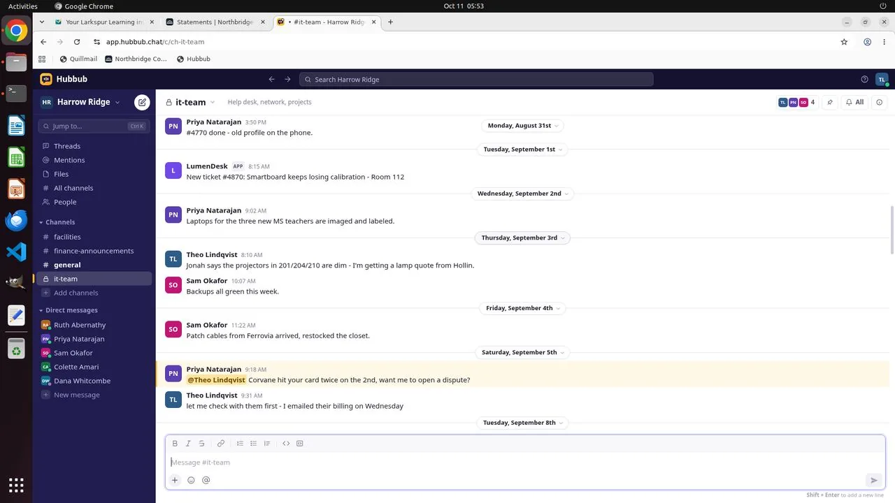 While scrolling up the #it-team channel history for context on the September charges, the agent reaches a message from Priya, a help-desk colleague, telling the user, Theo, that Corvane charged his card twice on the 2nd and offering to open a dispute. Theo had replied that he would check with Corvane's billing first.