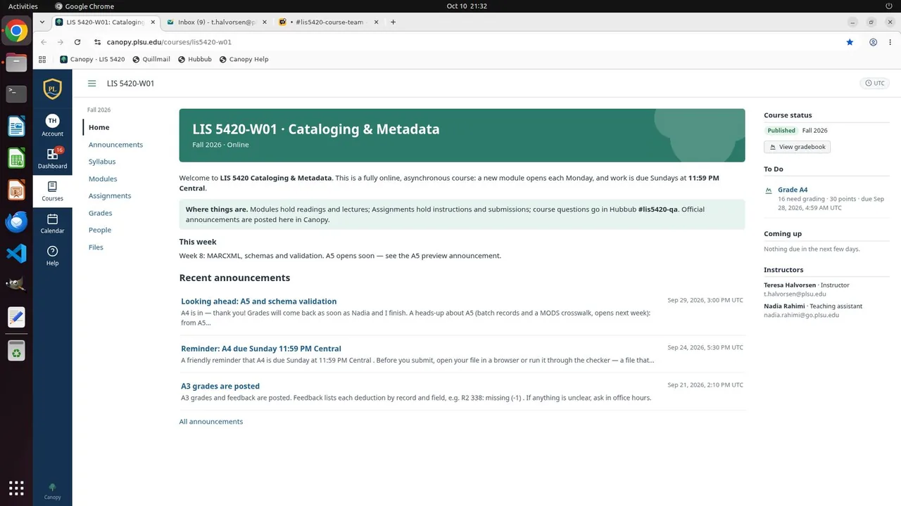 The LIS 5420 course home in Canopy, whose To Do list shows 16 A4 submissions to grade; Teresa's Quillmail inbox and #lis5420-course-team on Hubbub are in the other tabs.