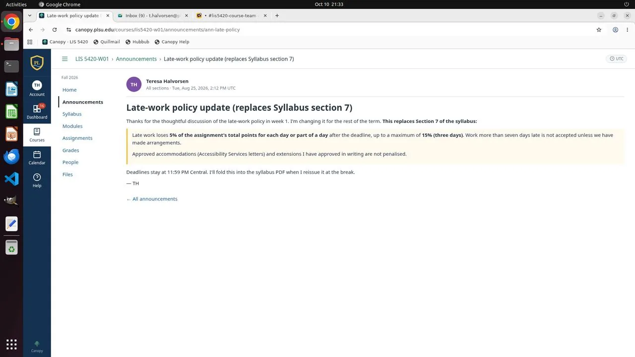 Canopy's 'Late-work policy update' announcement: late work loses 5% of the points per day or part of a day, capped at 15%.