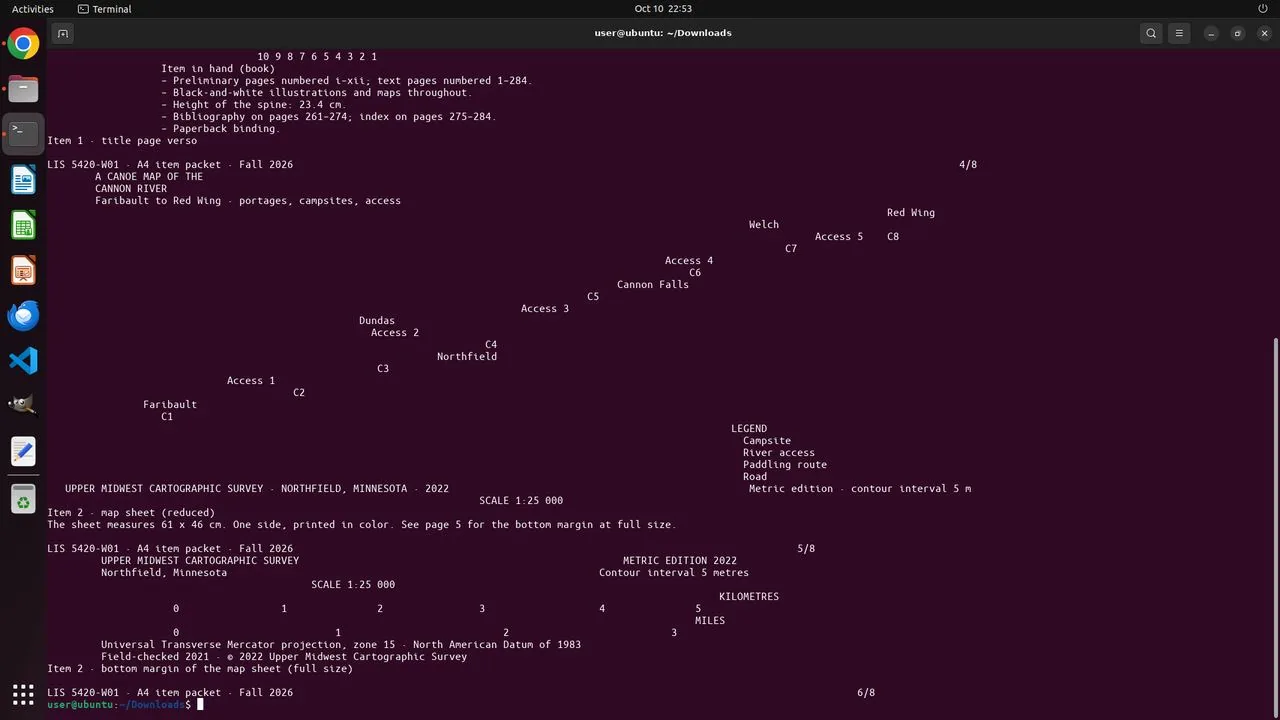 The item packet text extracted in the terminal shows that the map sheet itself reads 'SCALE 1:25 000', so key v1's 1:24,000 is wrong.