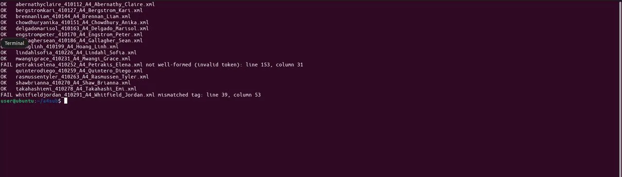 After a Python well-formedness check over all submissions, the agent zooms in on the terminal output: only Petrakis (invalid token at line 153) and Whitfield (mismatched tag at line 39) fail.