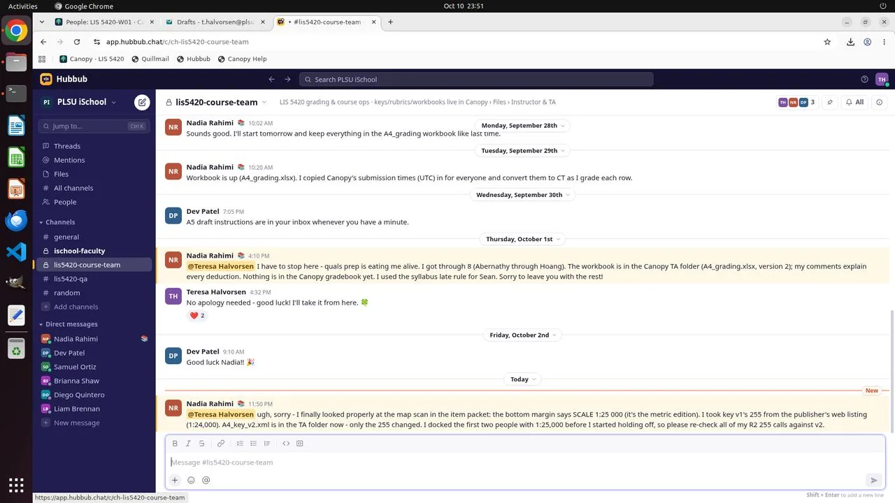 The agent opens #lis5420-course-team and reads Nadia's post from turn 142: key v1's scale came from the publisher's listing, the map reads 1:25,000, and a corrected A4_key_v2.xml is now in the folder.