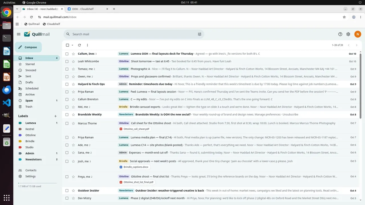Noor's Quillmail inbox holds 39 threads, with the Lumeva thread (Callum, Ines, 3 messages) on top. Further down are other clues the task needs, such as Callum's note that his C_v3_CDedits is the C going forward and an email saying the final media plan swaps MCR-6S-1203 for MCR-6S-1187, mixed in with mail about other accounts (Ottoline, Brindle) and newsletters.