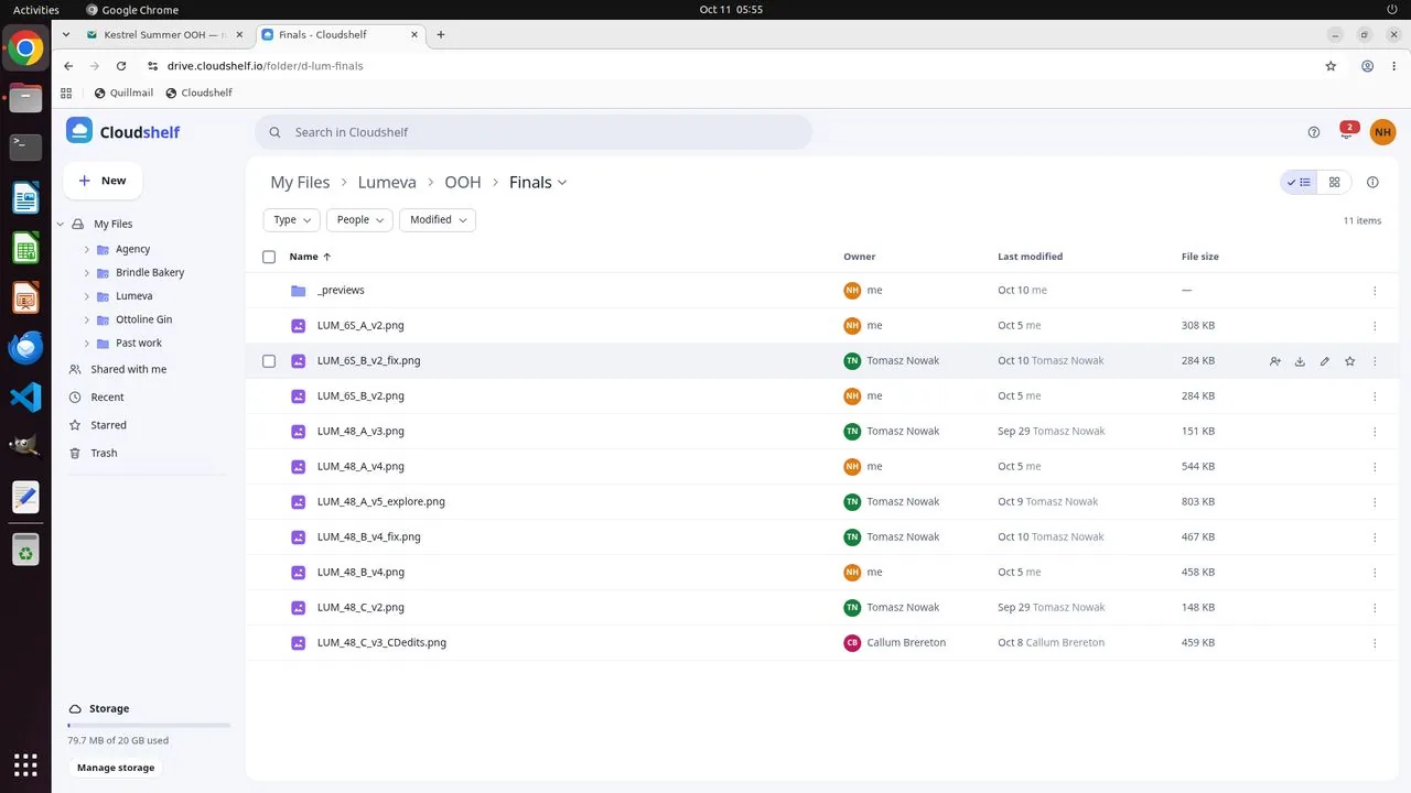 The Cloudshelf Finals folder lists several versions of most layouts, including multiple Route A revisions and the new _fix files. The agent settles on A_v4, B_v4_fix, C_v3_CDedits, 6S_A_v2 and 6S_B_v2_fix.