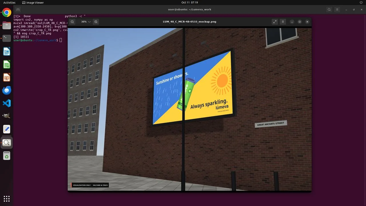 The Great Ancoats Street mockup in the image viewer. The Route C artwork sits in perspective on the panel, and the lamp post stays in front of it.