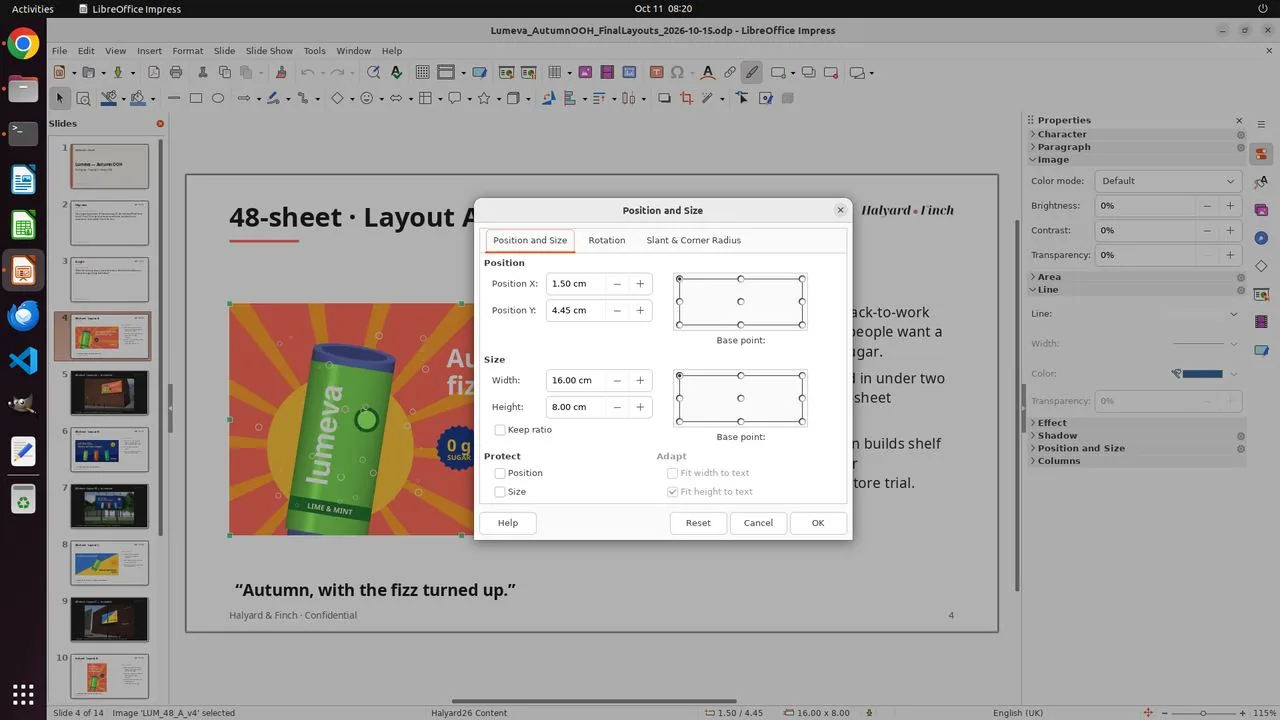 In Impress, slide 4 is the flat slide for 48-sheet Layout A, on the Halyard26 Content master; the artwork's Position and Size dialog reads x 1.50 cm, y 4.45 cm, 16.00 × 8.00 cm. That is exactly the 2:1 artwork fitted and centered in the guide's 16.00 × 10.50 cm area.