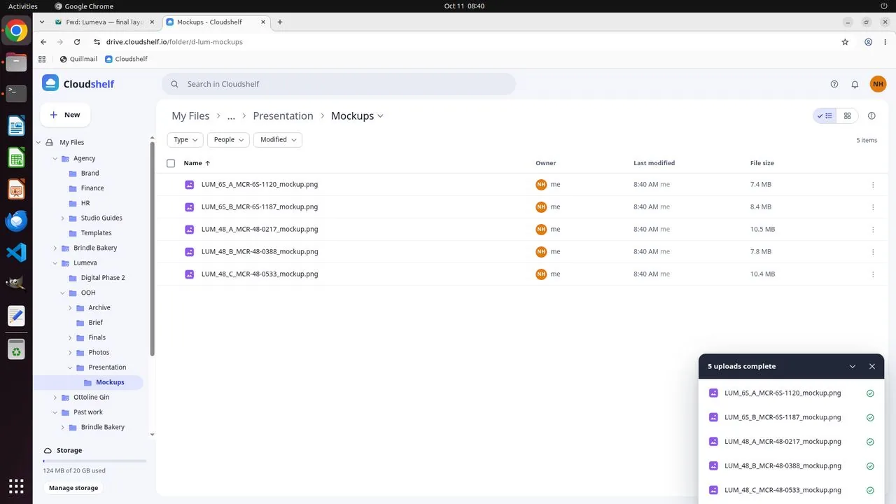 After upload, Cloudshelf's Lumeva/OOH/Presentation/Mockups folder holds the five correctly named mockup PNGs.