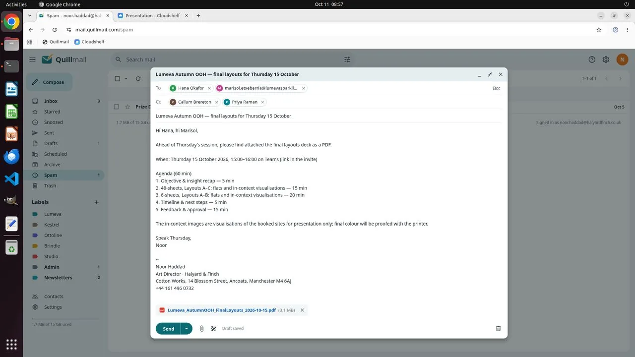 After the first attach attempt fails to register and the agent re-attaches, the compose window shows the deck PDF attached exactly once (3.1 MB). The email goes to Hana and the newly added Marisol, cc Callum and Priya. The body has the new time (Thursday, October 15, 15:00–16:00 on Teams) and a 60-minute agenda with 20 minutes for the 6-sheets and 15 for the 48-sheets.