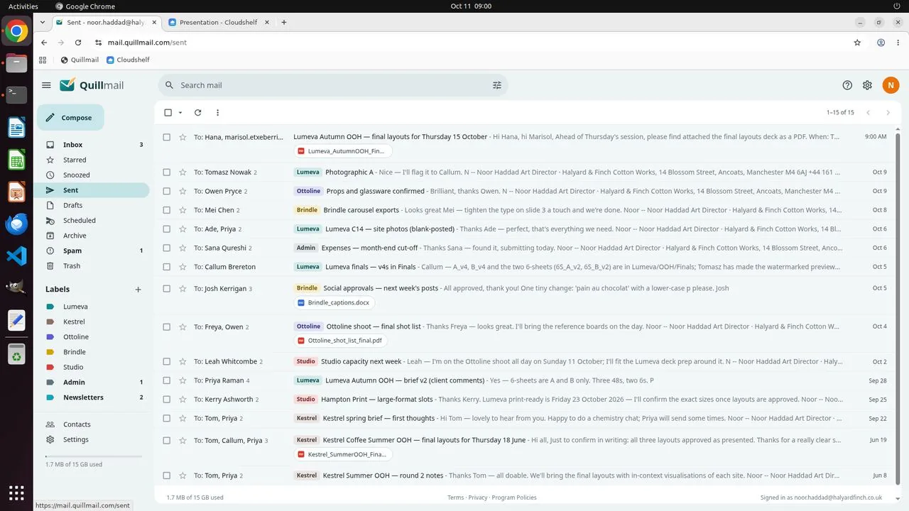 The Sent folder shows the cover email to Hana and Marisol, sent at 9:00 with the PDF attached.