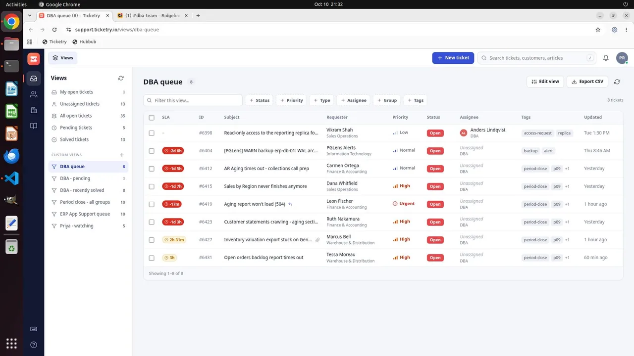 The DBA queue in Ticketry: eight open tickets, six tagged period-close; #dba-team on Hubbub is in the second tab.
