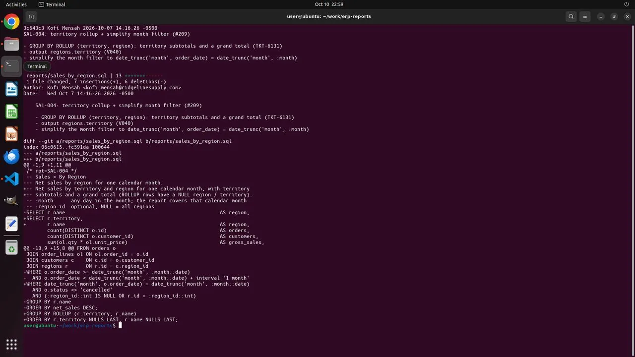 The terminal shows commit 3c643c3 (PR #209). Along with the new territory rollup, the half-open range on order_date was replaced by a date_trunc comparison on the column. This explains the full scan behind the Sales by Region timeouts.