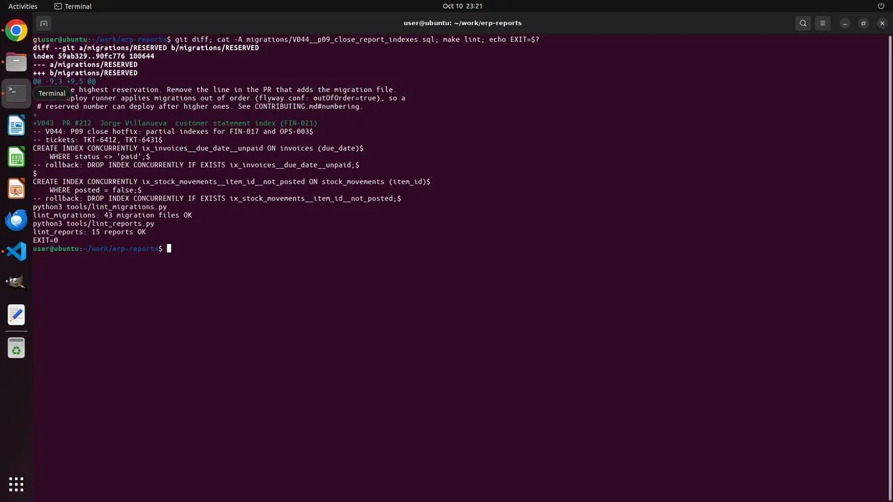 The agent has appended the V043 reservation for PR #212 to migrations/RESERVED and written the V044 migration. Both repository linters now pass (43 migration files, 15 reports).
