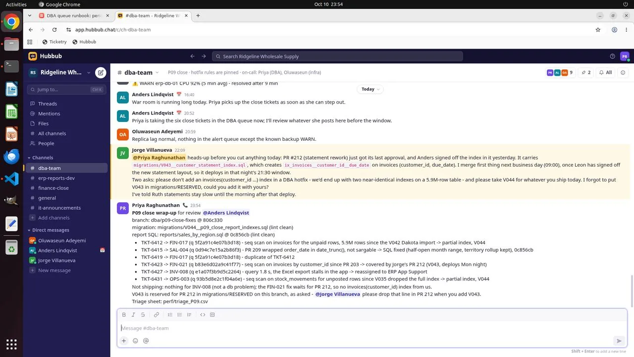 The P09 close wrap-up, posted in #dba-team shortly before midnight and mentioning Anders. It names branch dba/p09-close-fixes @ 806c330 and the V044 migration file, and lists each ticket with its report and query id. It also has a not-shipping line and tells Jorge that V043 is reserved for PR #212.