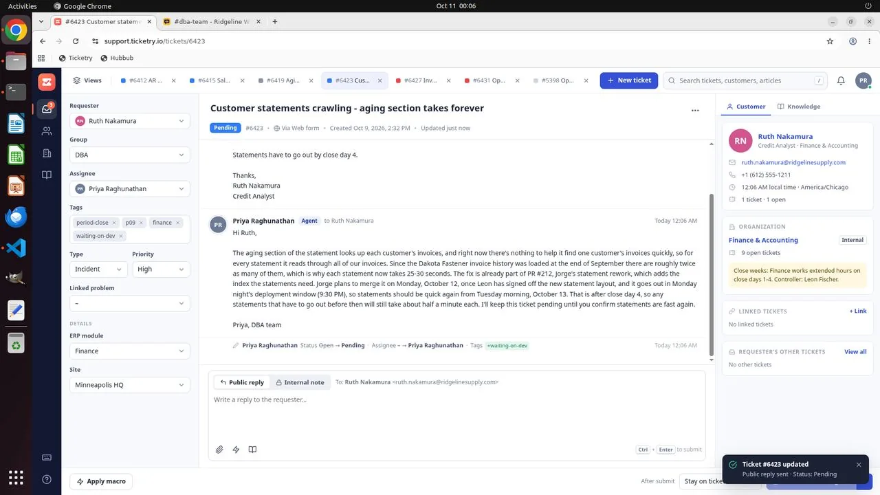 Ticket #6423 (Customer Statement) after submission. It is in Pending status with the waiting-on-dev tag and a plain-language reply that points to PR #212.