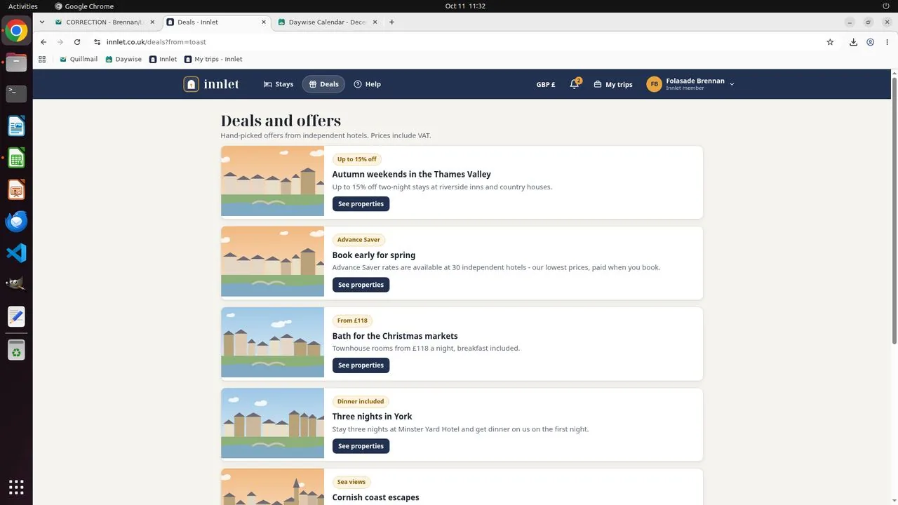 The click meant for 'Confirm booking' on the boys' block twin landed on a pop-up toast and opened Innlet's Deals page instead. The address bar reads deals?from=toast, showing that the click followed a link in the toast.