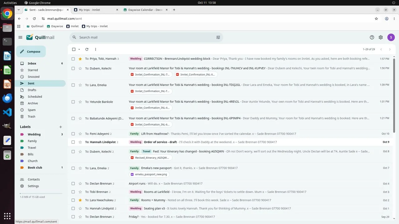 Quillmail's Sent folder shows the five emails: to Dad, Auntie Yetunde, Lara and Emeka, and the two boys, plus the reply in Priya's correction thread giving both twin references and asking her to link them.