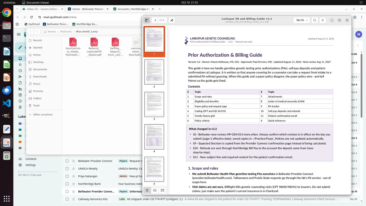 The practice's 8-page PA & Billing Guide in Document Viewer, over Lena's patient folder in Files; Maren's Quillmail inbox, Bellwater Provider Connect and Northbridge Bank are open in Chrome behind them.