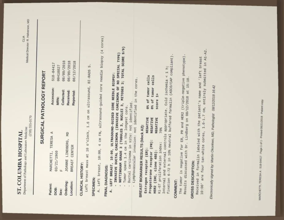 Zoomed view of the mother's pathology report, which Lena sent as a sideways photo. It shows invasive ductal carcinoma that is negative for estrogen receptor (ER), progesterone receptor (PR) and HER2, i.e. triple-negative. The birth date and collection date put the diagnosis at age 58, not about 60 as the intake form said.