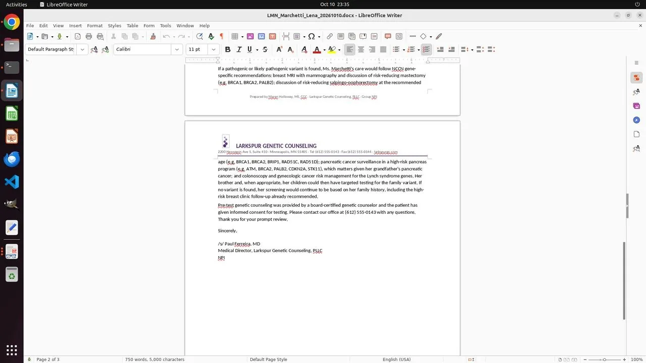 The end of the filled letter of medical necessity in LibreOffice Writer, reached as the agent scrolled through the letter to review it. It closes with Dr. Ferreira's typed '/s/ Paul Ferreira, MD' e-signature.