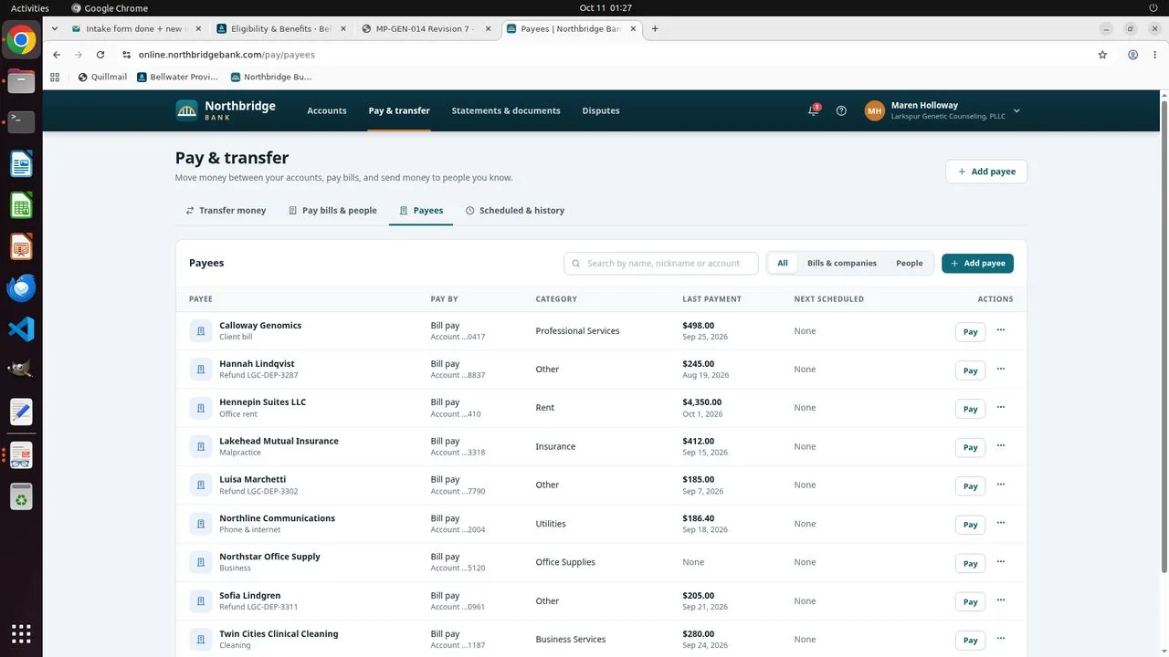 Northbridge Bill Pay payee list. The only saved Marchetti payee is Luisa Marchetti (account ending 7790), a different patient, and Lena is not on the list. Before adding a payee, the agent opened this list to check whether Lena was already saved with the numbers from her deposit form.