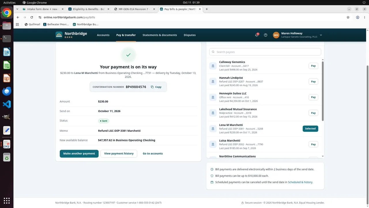 Bill Pay confirmation BP49884576: the $230.00 refund to Lena M Marchetti (account ending 5208) was sent on October 11, with delivery expected by October 13.