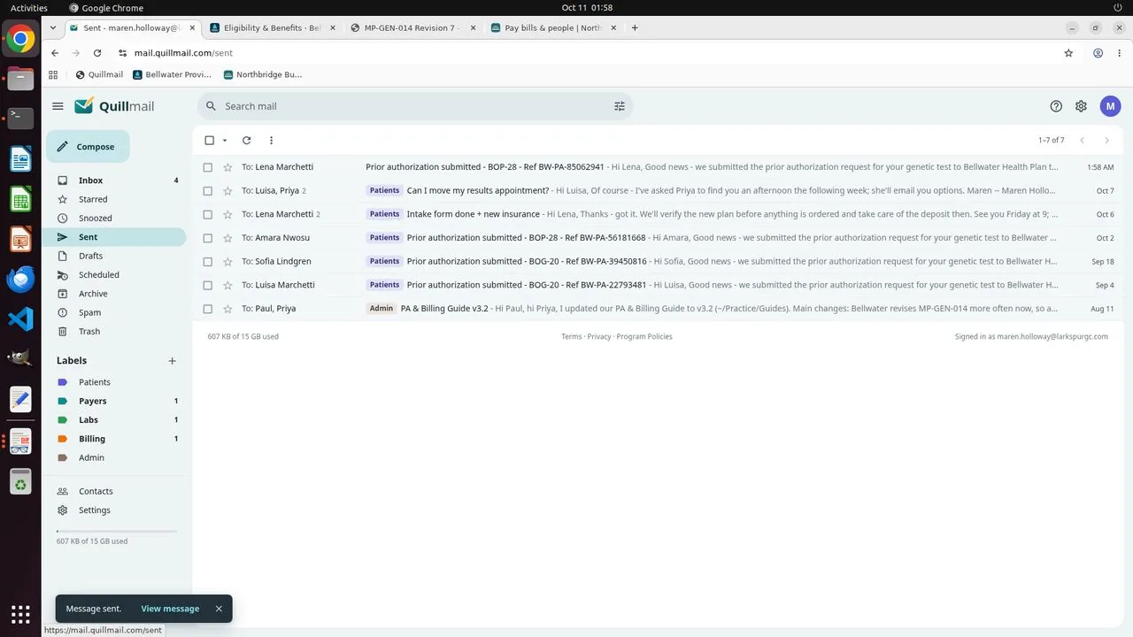 After confirming the recipient was lena.marchetti@quillmail.com, the agent sent the email and opened Quillmail's Sent folder. At the top is the confirmation just sent to Lena, subject 'Prior authorization submitted - BOP-28 - Ref BW-PA-85062941'. Further down is an earlier confirmation to the other patient, Luisa Marchetti.