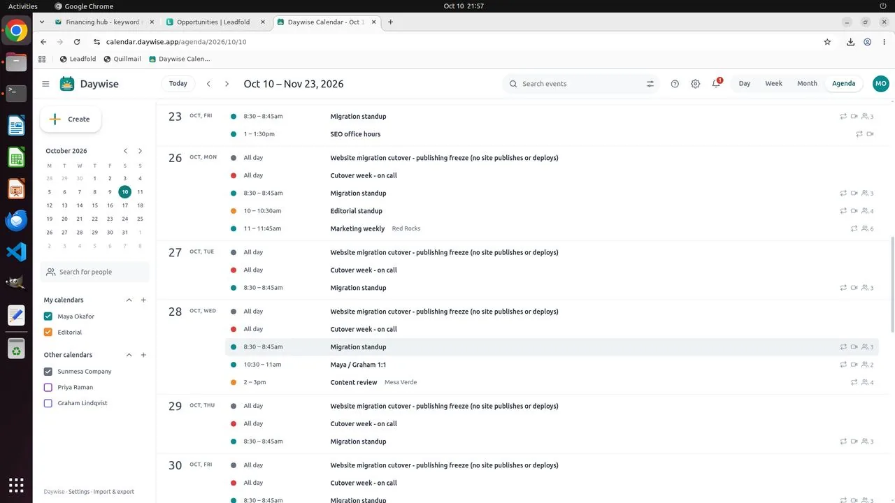 The Daywise agenda shows the website-migration publishing freeze over Oct 26–30. The agent had already seen that next week's Tuesday and Thursday slots (Oct 13 and 15) hold Financing follow-ups.