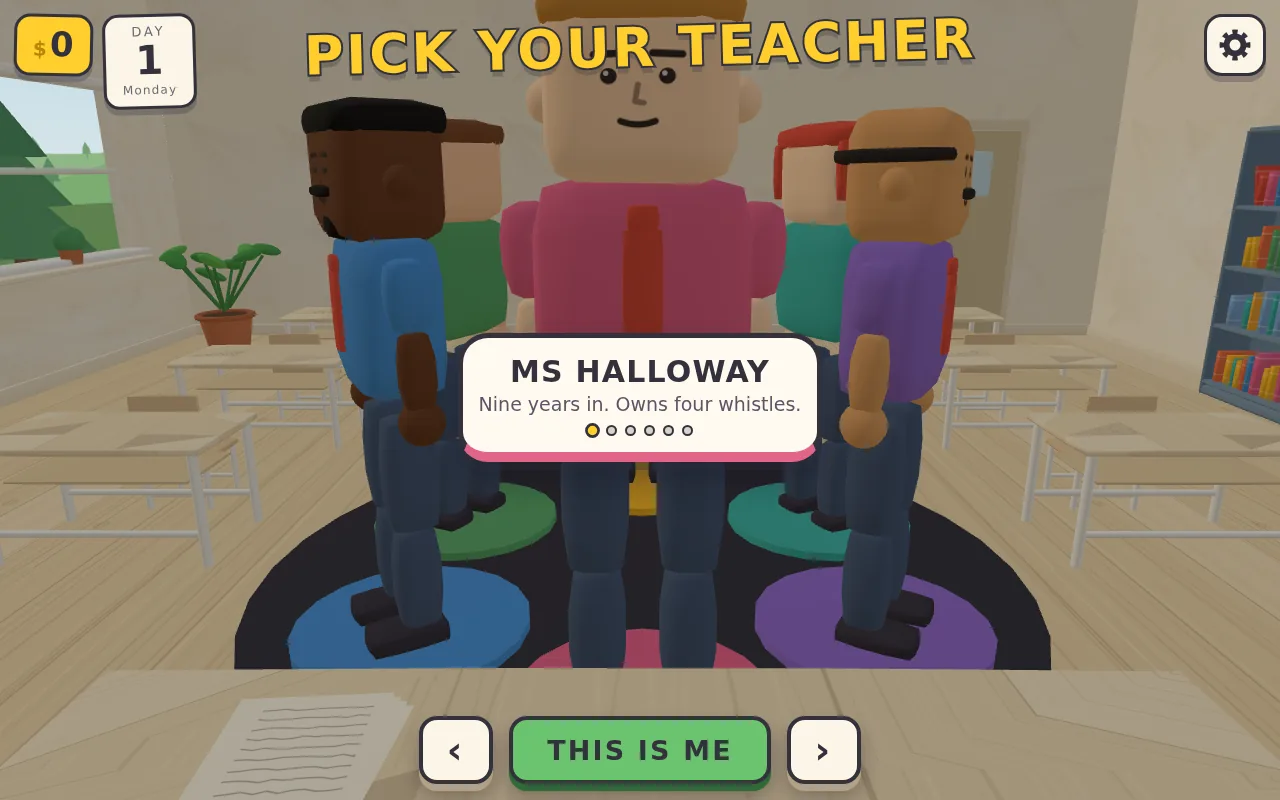 Before the first day, the player picks a teacher from six on a turntable, each with a name and a one-line bio.