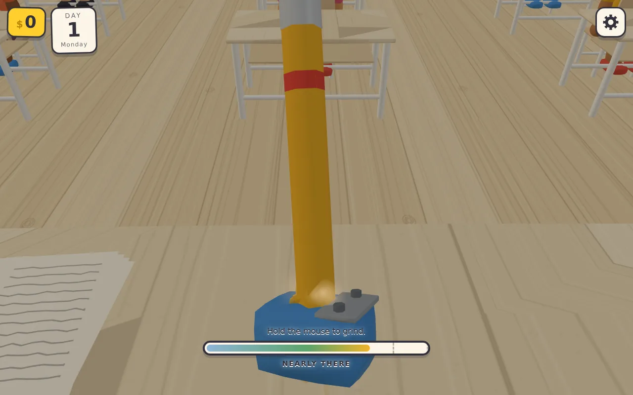 Sharpening a pencil: holding the button grinds it and fills the meter, here just short of the top band. Letting go in that band gives a perfect point; grinding on snaps the tip.
