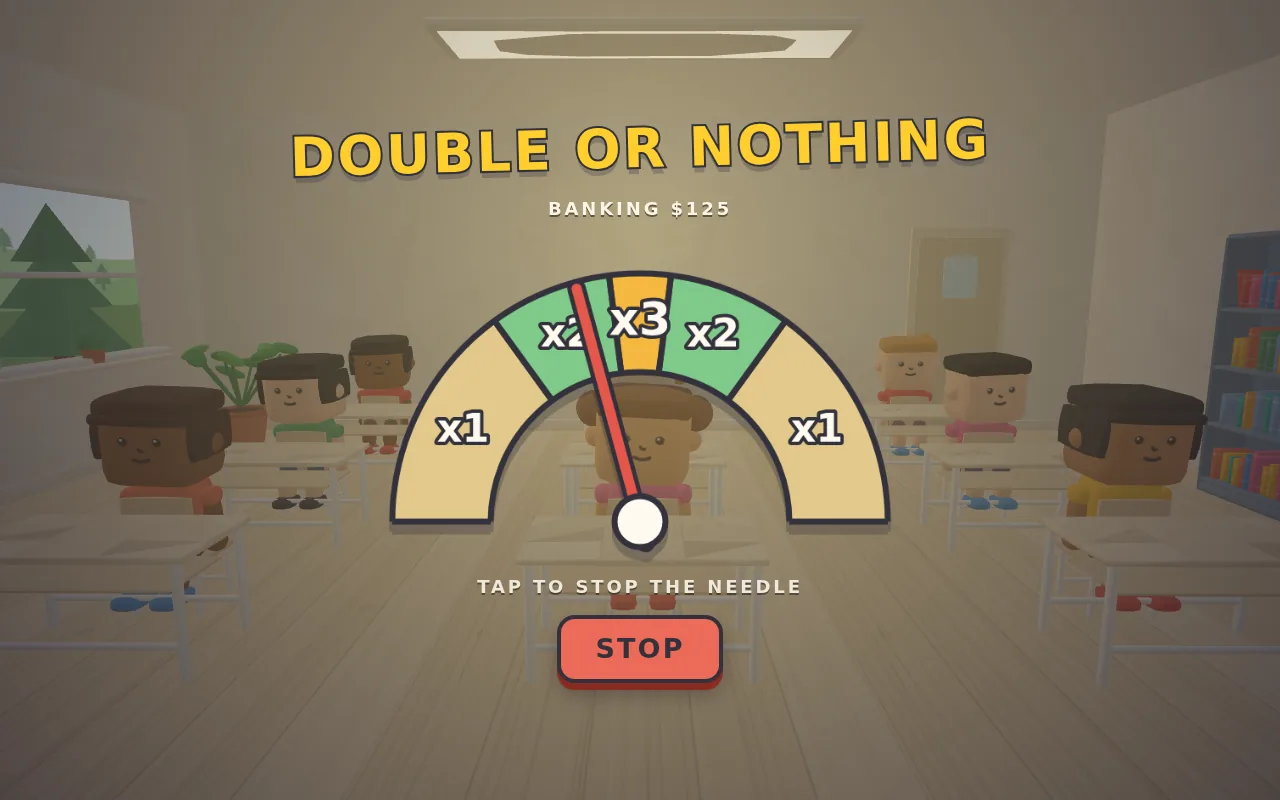 Before the pay is banked, a needle swings across an arc of ×1, ×2 and ×3 bands. One click stops it, and the band it stops in multiplies the pay.
