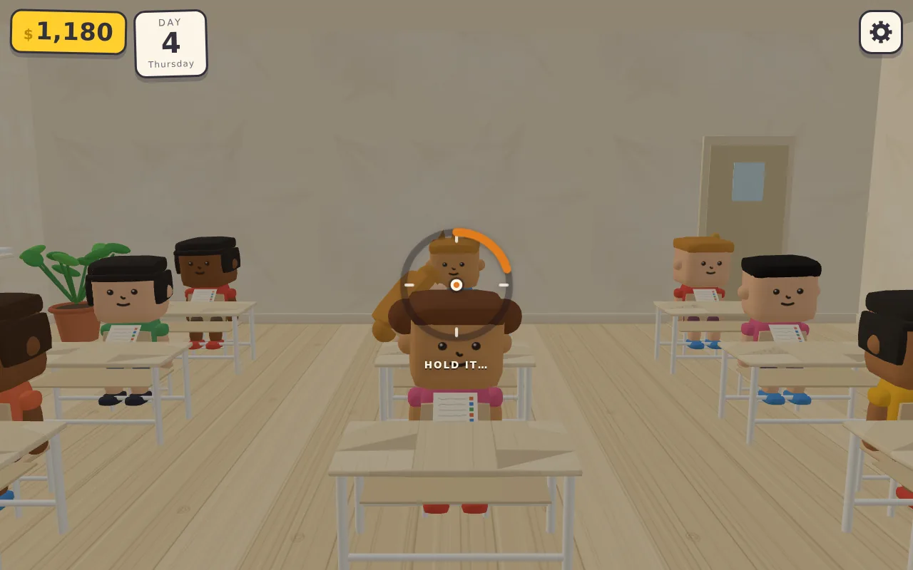 Catching cheaters during a test: dragging looks around the room, and holding the crosshair still on a student who is copying fills the ring around it.