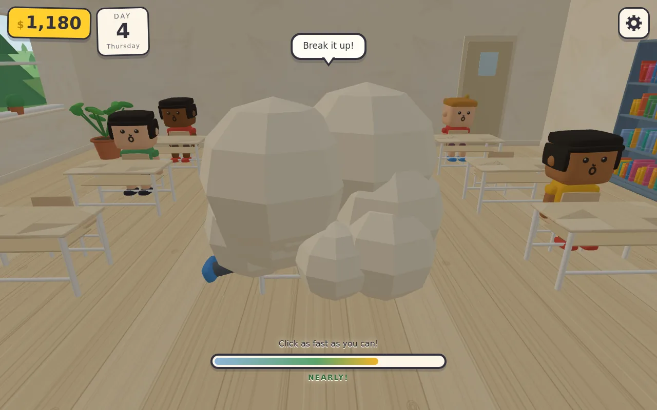 Two students fight inside a cartoon dust cloud. Clicking fast fills the bar, and a full bar brings out the fire extinguisher; the end-of-round report below gives the agent's numbers for the bar.