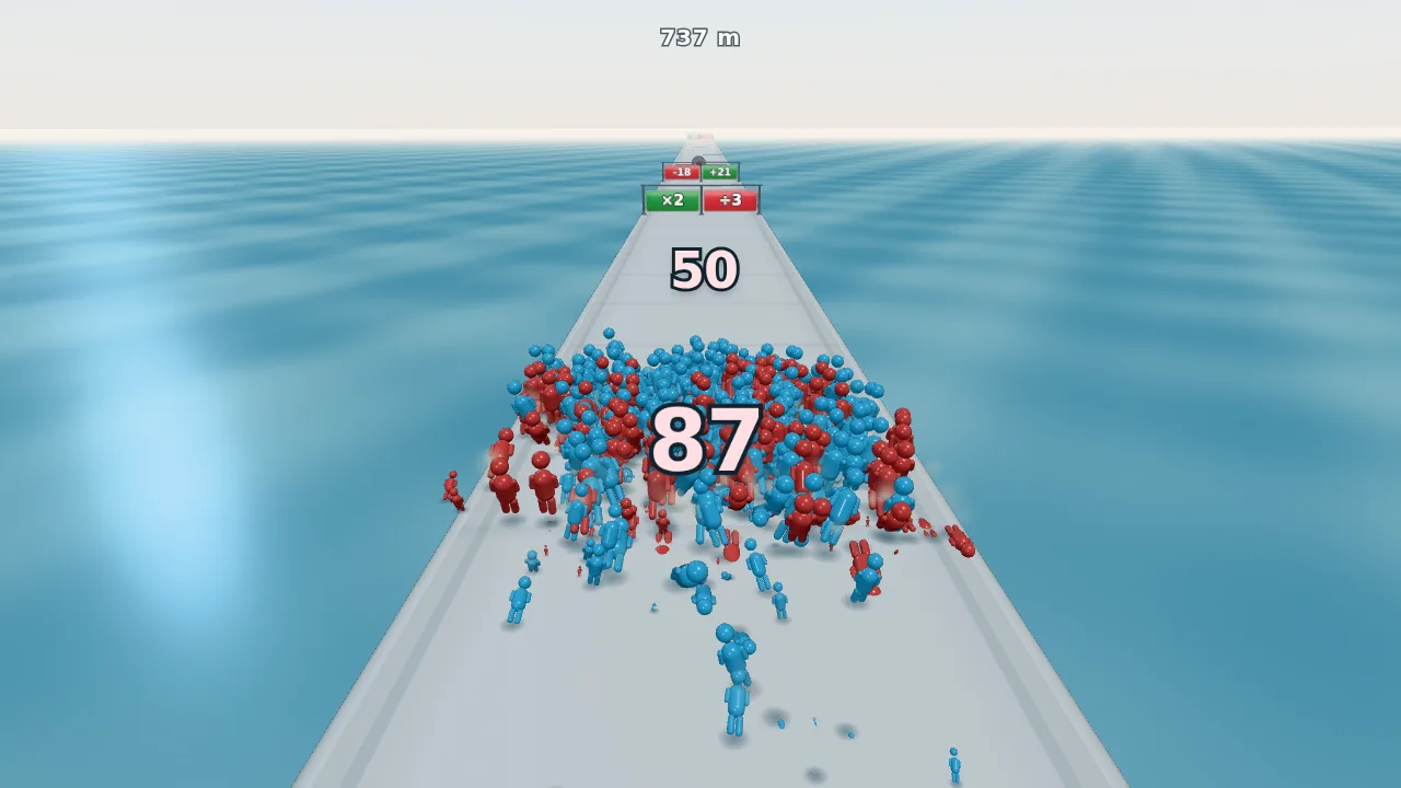 A brawl with a red crowd: red and blue bodies mix, and both head counts (87 and 50) fall together until one side is empty.