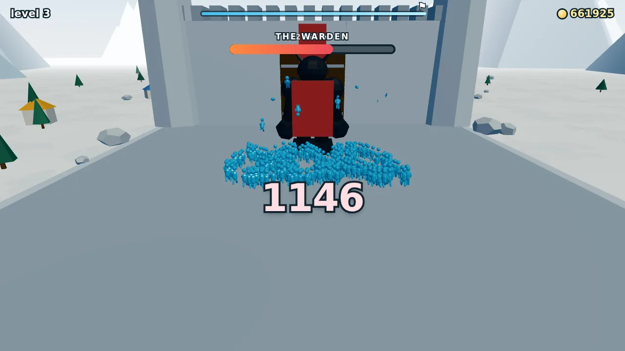 Before: the boss, first version. From this screenshot the agent noted three problems: he faces away from the crowd, the empty plaza fills the frame, and his name is printed over the distance readout under the progress bar (boss excerpt below).