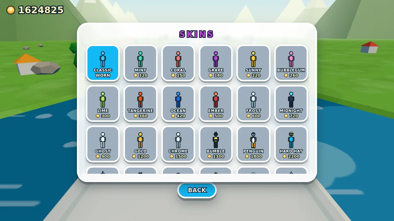 The skin shop: color swaps and novelty looks, bought with coins.