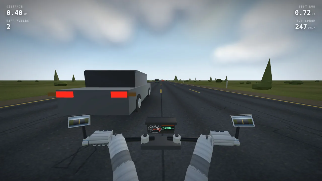 After: the agent found that metallic materials with no environment map render black and that the glove and grip textures were dark on dark. It added an environment map, lightened the textures and rebuilt the cockpit.