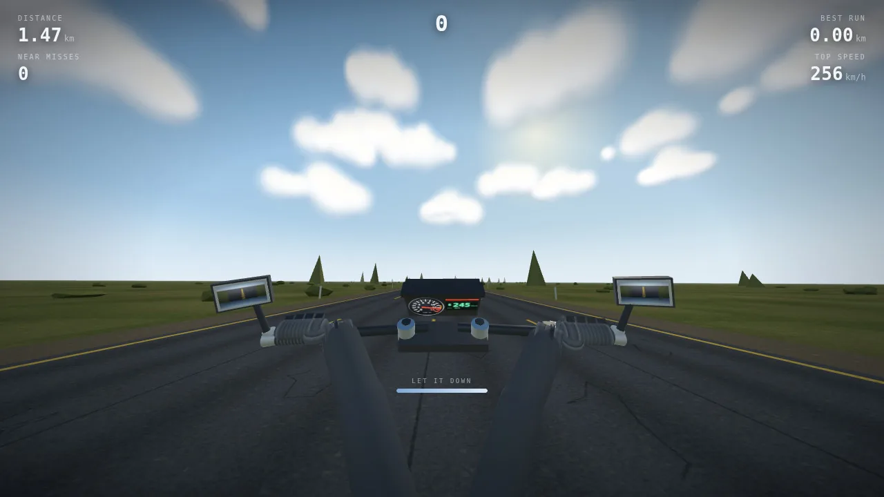 A wheelie: the front comes up and the view tips toward the sky. The bar under the instrument panel shows the time left before the bike goes over backwards.