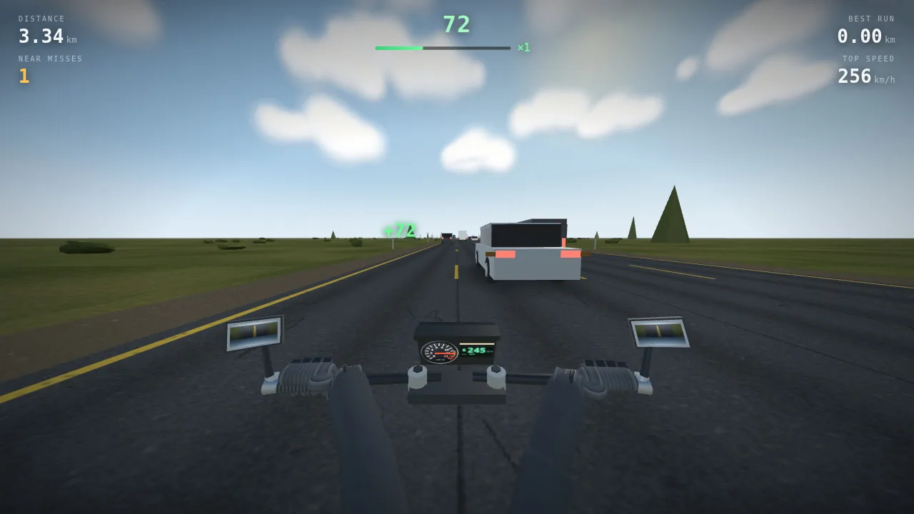 A near miss: a green +72 pops up, and the combo bar at the top starts to fill.