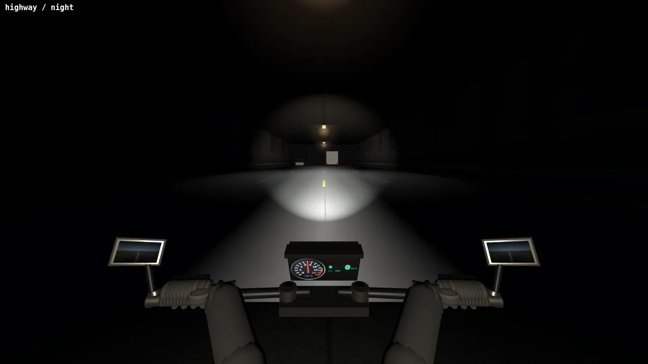 After: a light on the cockpit that reaches about two meters brings out the bars, grips and gloves and leaves the rest of the scene dark (tunnel excerpt below).