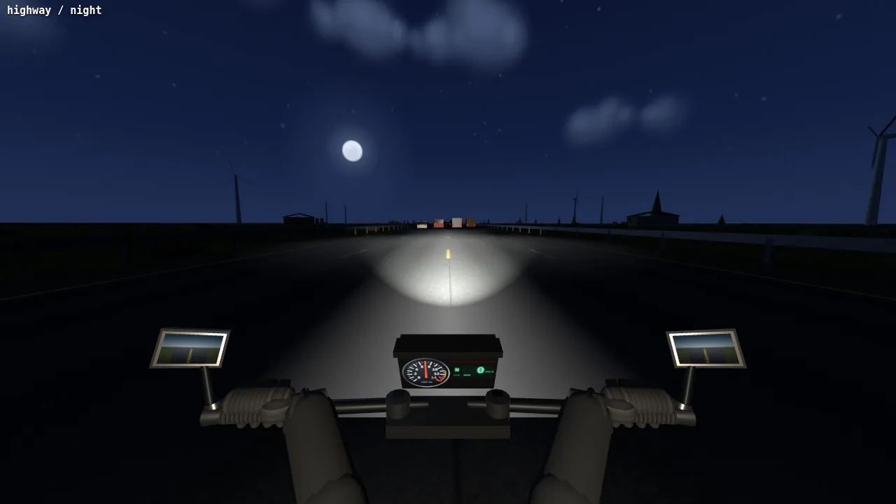 After: with the mapping worked out, the moon sits ahead and to the left among the stars, with wind turbines on the skyline (moon excerpt below).