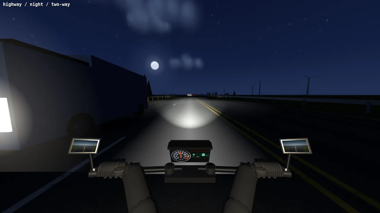 Two-way roads at night: an oncoming truck passes on the left with its headlights on.