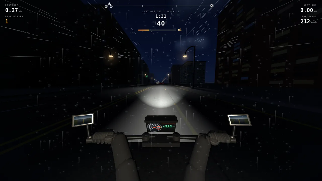 Career mission 8: the city at night in the rain, with the mission's name and goal, a progress track and a clock at the top.
